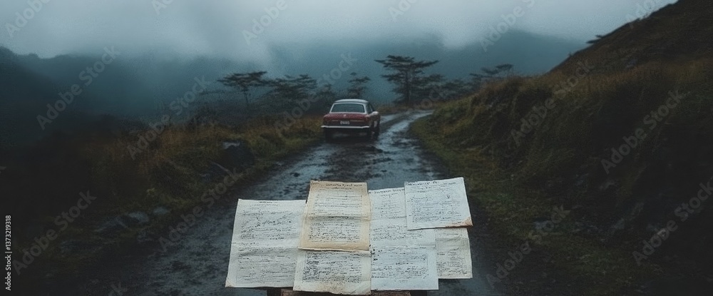 Fototapeta premium Open sheet music faces a vintage car on a winding road in misty mountain landscape