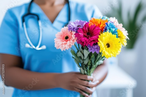 Black Female Healthcare Worker Holding Multicolored Flowers in a Clinic