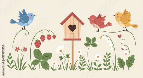 Three cheerful birds near a charming birdhouse nestled in a whimsical garden bursting with vibrant flowers and ripe strawberries, all depicted in a soft pastel palette.
