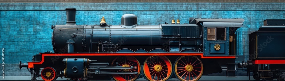 Naklejka premium Black vintage steam train wheel engine side metal steel transport