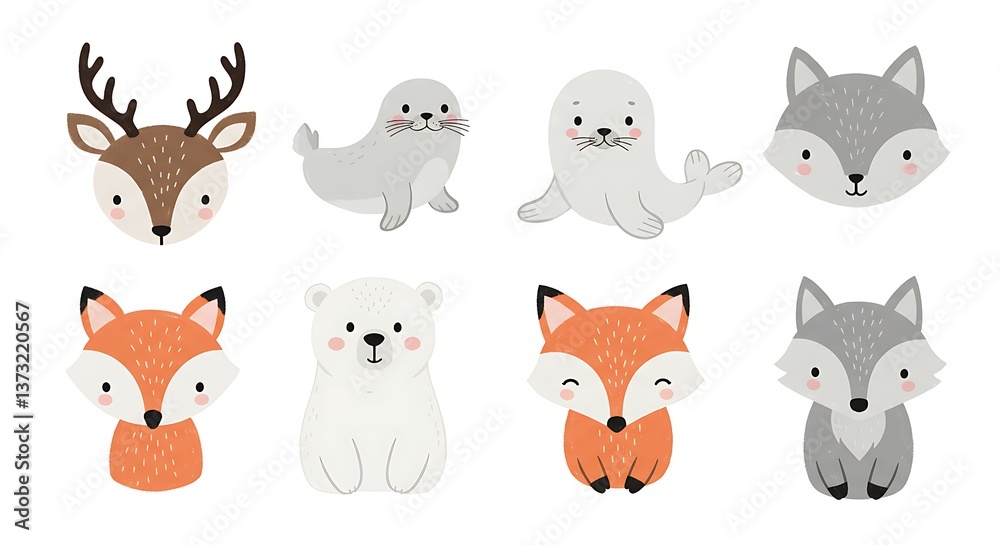 Adorable arctic and forest animals in a charming, simplistic style with muted colors and soft lines. Adorable arctic and forest animals in a charming, simplistic style with muted colors and soft lines.