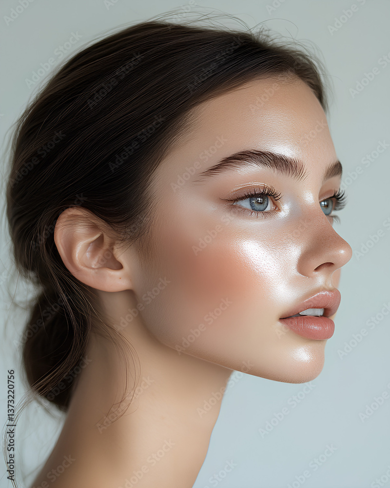 Naklejka premium Close-up portrait of a young woman with glowing dewy skin and natural makeup looking sideways