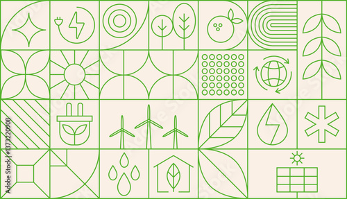 Environment nature abstract modern geometric pattern. Vector green eco-friendly grid ornament with environmental sustainability icons. Plants, trees, water droplets, recycling symbols, leaves, globe.