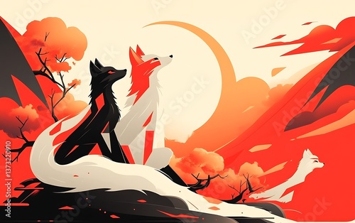 Foxes Sunset Mountain Landscape Art.