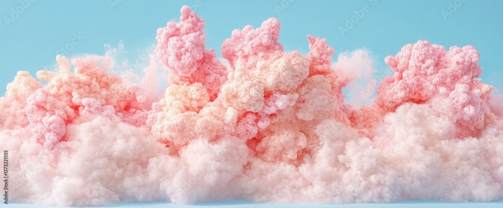 Obraz premium Fluffy pastel pink cotton clouds on a light blue background, looks like a sweet treat