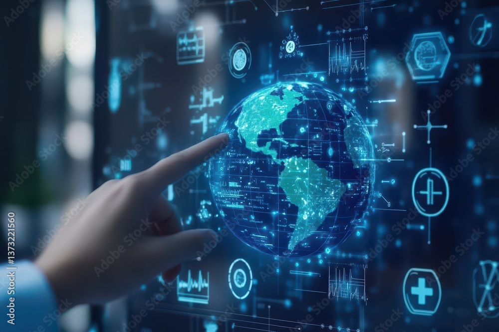 Blue touch screen globe with finger touching a globe of Earth surrounded by medical symbols and equipment, medical equipment, science, innovation Blue touch screen globe with finger touching a globe of Earth surrounded by medical symbols and equipment, medical equipment, science, innovation