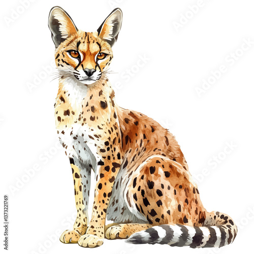 A watercolor vector of a serval, isolated on a white background. Serval vector.

