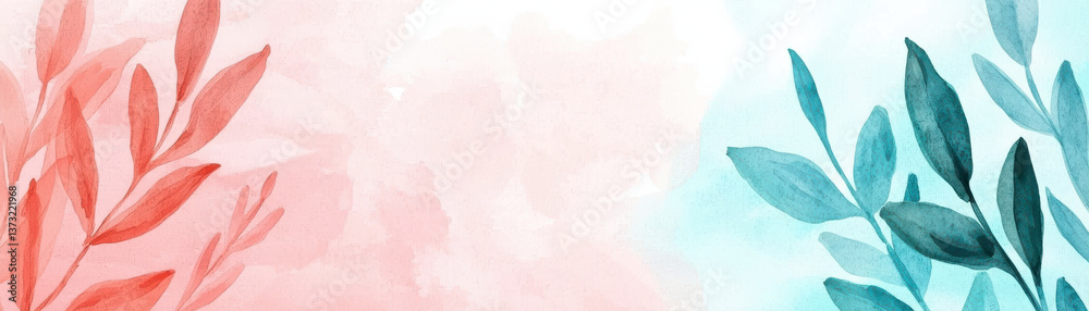 Obraz premium Soft pink and blue watercolor background with delicate leaves and branches