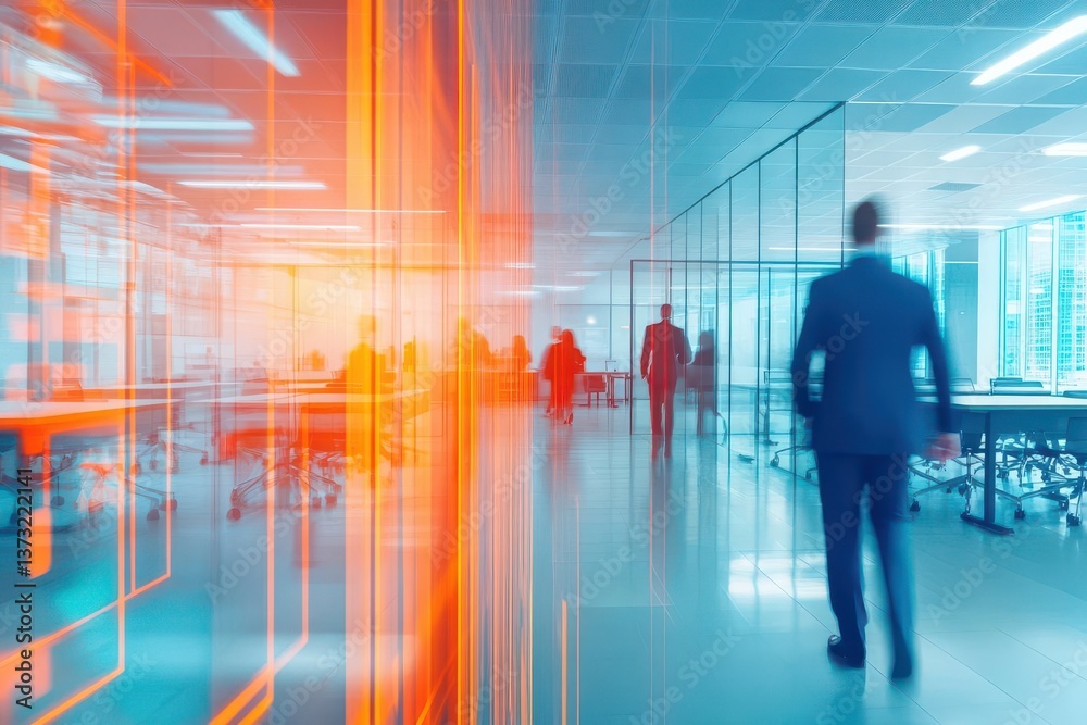 Blurry Motion Of Dynamic And Ambitious Business Individuals Striding Near Meeting Room In Contemporary Coworking Space With HighTech Features Blurry Motion Of Dynamic And Ambitious Business Individuals Striding Near Meeting Room In Contemporary Coworking Space With HighTech Features