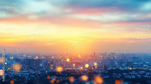 Blurry panoramic photo of a cityscape with golden lights at sunset, abstract urban background