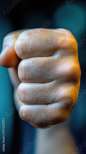 Close-up of a clenched fist, light illuminating knuckles, set against a blurred, colorful background