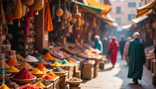 Vibrant market scene with colorful spices and people exploring  
