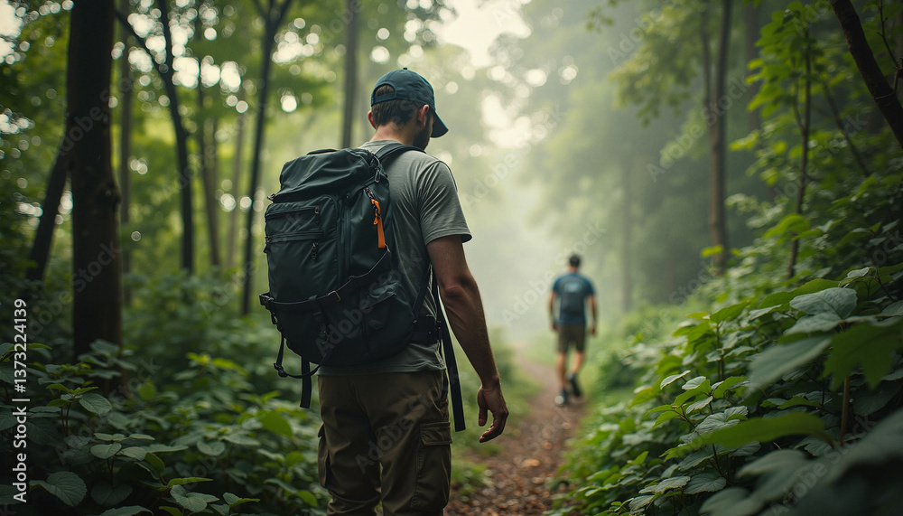 Two hikers exploring a misty forest trail Two hikers exploring a misty forest trail