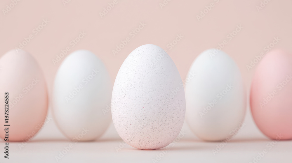 Pastel eggs arranged in row on soft cream background, creating serene atmosphere Pastel eggs arranged in row on soft cream background, creating serene atmosphere