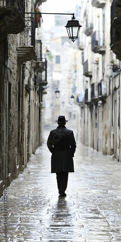 Man Walking Away on a Wet Cobblestone Street in an Old City