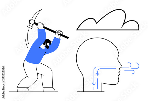 Worker with pickaxe extracting ideas from air, head profile depicting airflow, and cloud above. Ideal for sustainability, innovation, resource optimization, renewable energy, problem-solving
