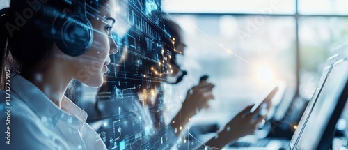 Engineers designing AI powered voice driven customer service systems, high-tech call center with real-time interaction data and AI-driven voice assistants, High-tech style