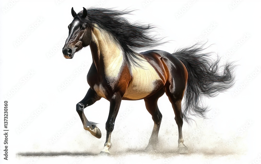 Fototapeta premium Hyperrealistic Pinto Horse with Flowing Mane in Dynamic Pose against Minimal White Background