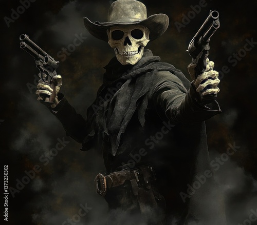 Skeleton Gunslinger Cowboy Ready for Shootout in Dark Smoky Background
