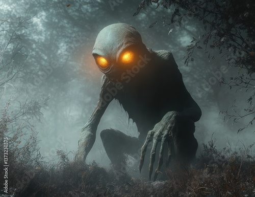 Dover Demon Unveiled: Mysterious Cryptid Creature in Foggy Forest with Glowing Eyes