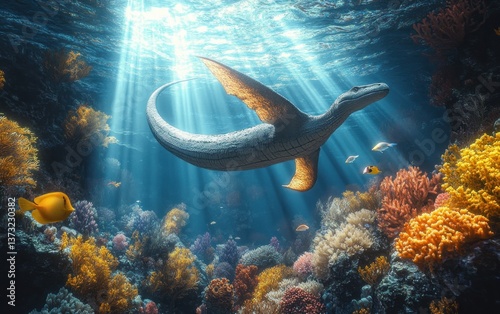 Prehistoric Aquatic Scene Mesosaurus Swimming Vibrant Coral Reefs Underwater Ethereal Sunlight