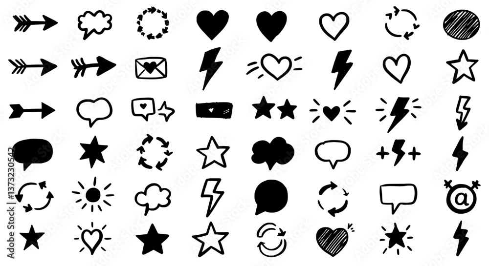 Obraz premium Expressive Doodle Collection: a delightful arrangement of whimsical hand-drawn doodles, featuring an array of arrows, hearts, lightning bolts, stars, and speech bubbles.