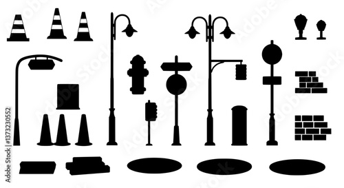 Urban Silhouette: An array of detailed, stylized street elements cast in striking black, presenting a classic, graphic depiction of city infrastructure.