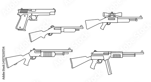 Armed Arsenal: A collection of various firearms, meticulously drawn in a clear, outline style, showcasing their distinct designs and mechanical details.