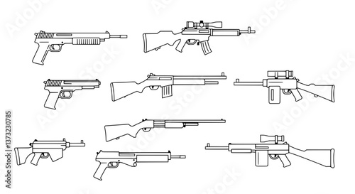 Armed Arsenal: A detailed depiction of various firearms, including pistols, rifles, and a shotgun, carefully illustrated in a stark monochrome palette.