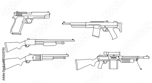 Arsenal of Warfare: A stark, detailed illustration presents an arsenal of firearms, each precisely rendered, from handguns to rifles.