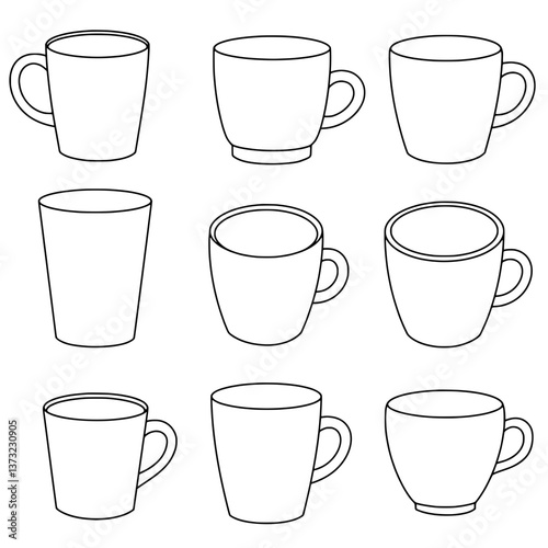 Mug Collection: A curated array of minimalist line-art mugs showcases a diverse collection of ceramic drinkware.