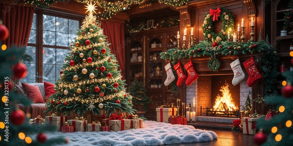 Fototapeta premium Beautiful Christmas interior featuring a cozy fireplace and a beautifully decorated tree in a festive setting