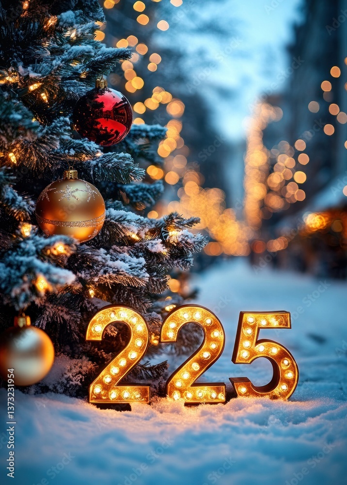 2025 New Year Celebration Scene with Christmas Tree Snow Winter Lights and Ornaments 2025 New Year Celebration Scene with Christmas Tree Snow Winter Lights and Ornaments