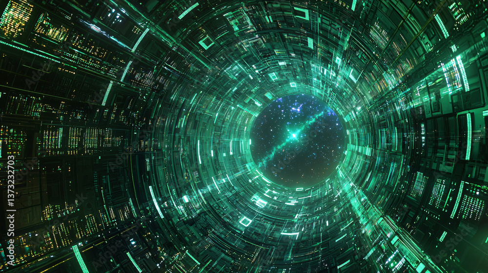 Fototapeta premium A captivating futuristic city bathed in green light creating an enigmatic atmosphere of sci-fi fantasy and urban mystery.