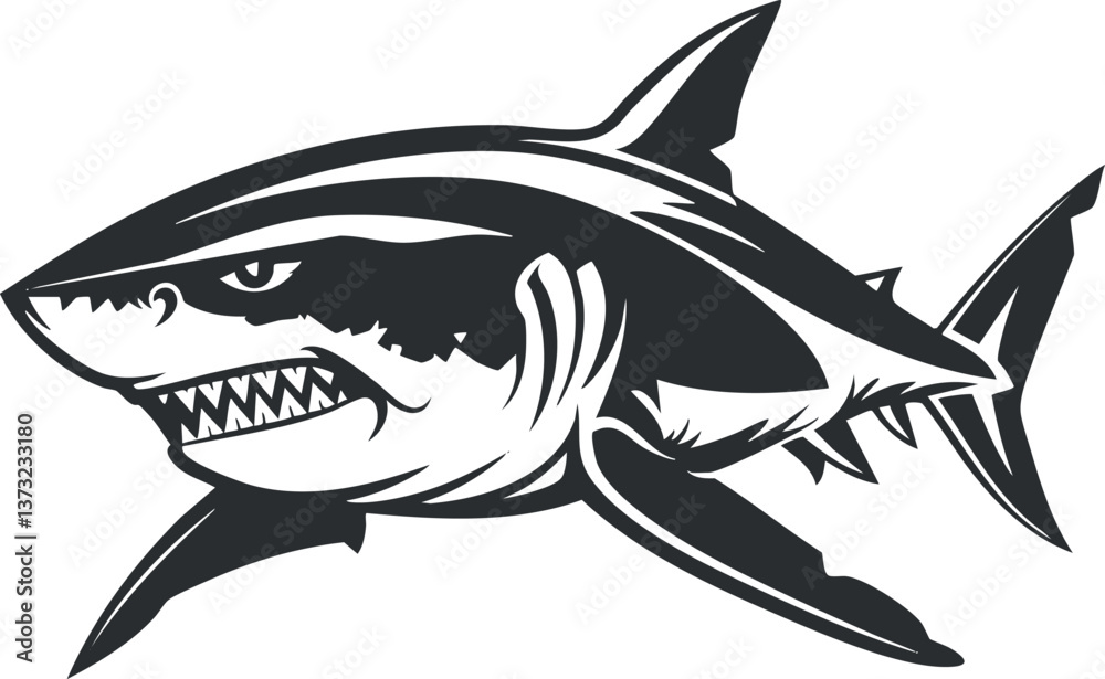Fototapeta premium Fierce shark illustration for aquatic-themed designs or marine life symbolism.