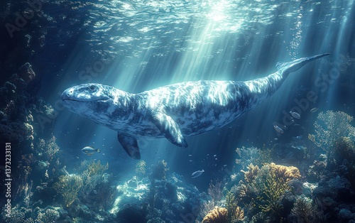 Graceful Plesiosaur Swimming in Serene Prehistoric Ocean