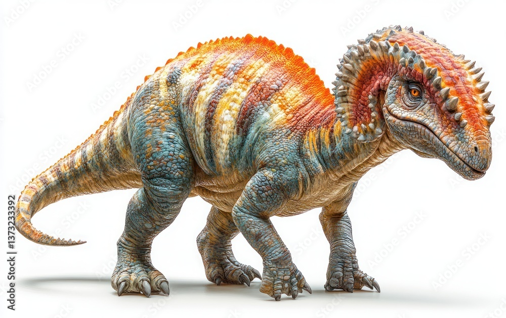 Fototapeta premium Photorealistic Parasaurolophus Dinosaur with Brown and Blue Stripes on White Background