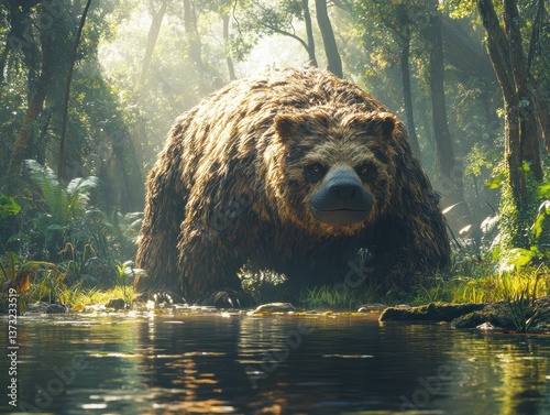 Giant Ground Sloth in a Lush Prehistoric Forest Digital Rendering