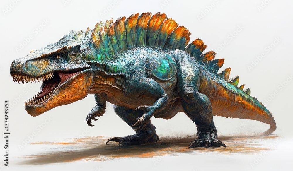 Fototapeta premium Hyperrealistic Spinosaurus 3D Rendering on White Background Full Body Anatomical Accuracy