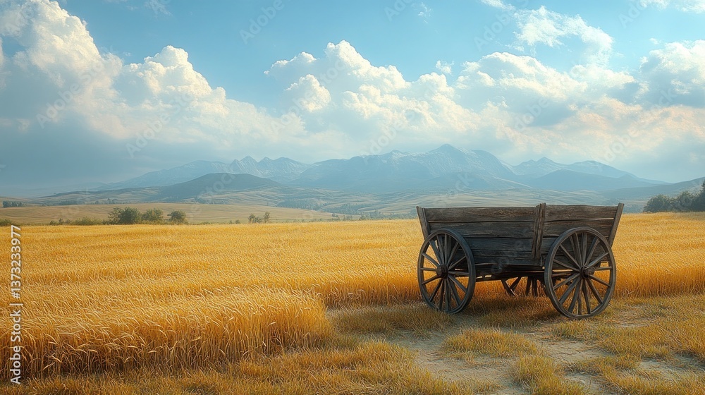 Abandoned Rustic Wooden Cart in Golden Wheat Field with Misty Mountains and Partly Cloudy Sky Abandoned Rustic Wooden Cart in Golden Wheat Field with Misty Mountains and Partly Cloudy Sky