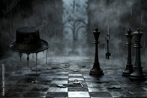 Melancholic Rainy Night Scene with Chess Pieces and a Wet Hat