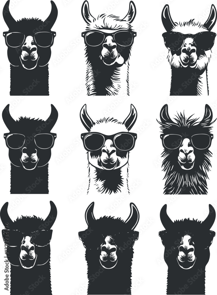 Fototapeta premium Black and white vector illustration of llamas wearing sunglasses for trendy designs.