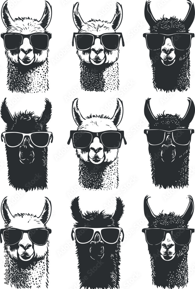 Fototapeta premium Trendy llama illustrations wearing sunglasses in a repeating pattern for modern designs.