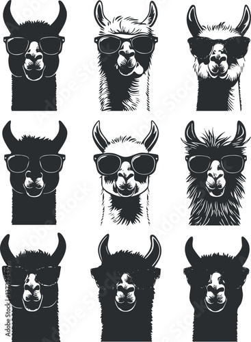 Black and white vector illustration of llamas wearing sunglasses for trendy designs.