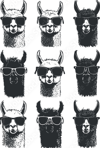 Trendy llama illustrations wearing sunglasses in a repeating pattern for modern designs.