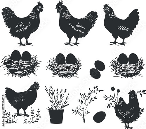 Silhouette vector illustration of chickens, nests, and plants for farm-themed designs.