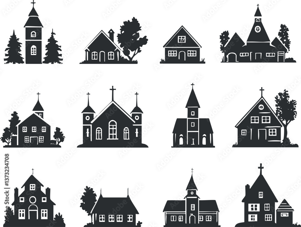Fototapeta premium Silhouette vector of various church buildings for religious and architectural themes.