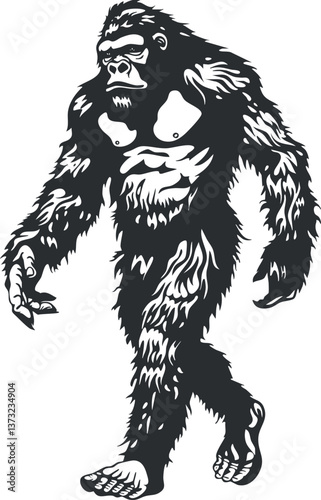 Vector illustration of Bigfoot silhouette for mythical creature themed designs.