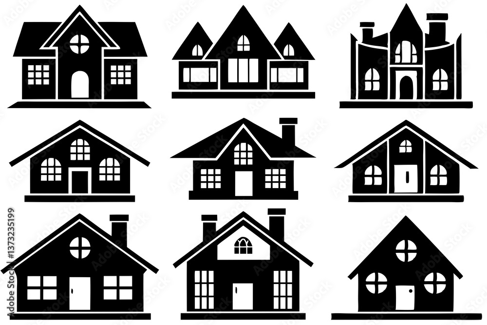 Architectural Silhouettes: A captivating collection of house silhouettes, each showcasing unique architectural designs, providing a glimpse into diverse housing styles. Architectural Silhouettes: A captivating collection of house silhouettes, each showcasing unique architectural designs, providing a glimpse into diverse housing styles.