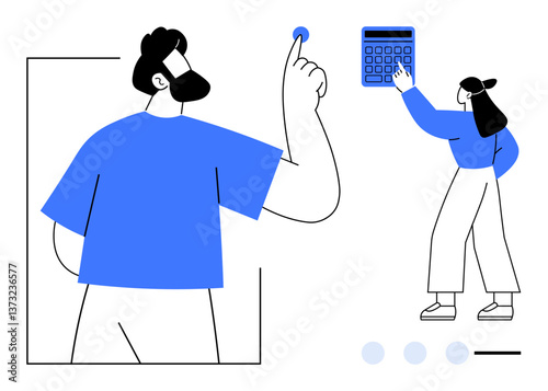 Man presenting an idea while woman calculates data on a large calculator. Ideal for teamwork, brainstorming, data analysis, education, decision-making, productivity, office culture. Clean flat simple